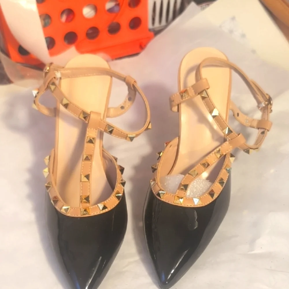 New Classic Two-Tone Black and Beige Heels with T-Strap Design Size 41